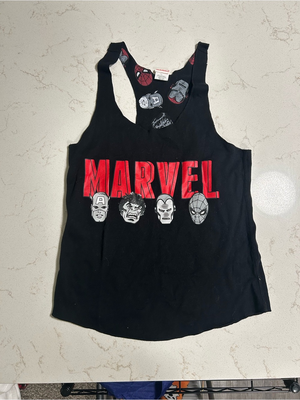 Marvel Black Tank Top with Red Logo and Superhero Faces